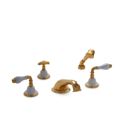 1029DTS818-04WH-GP Sherle Wagner International Provence Ceramic Fluted Lever Deck Mount Tub Set with Hand Shower in Gold Plate metal finish with White Glaze inserts